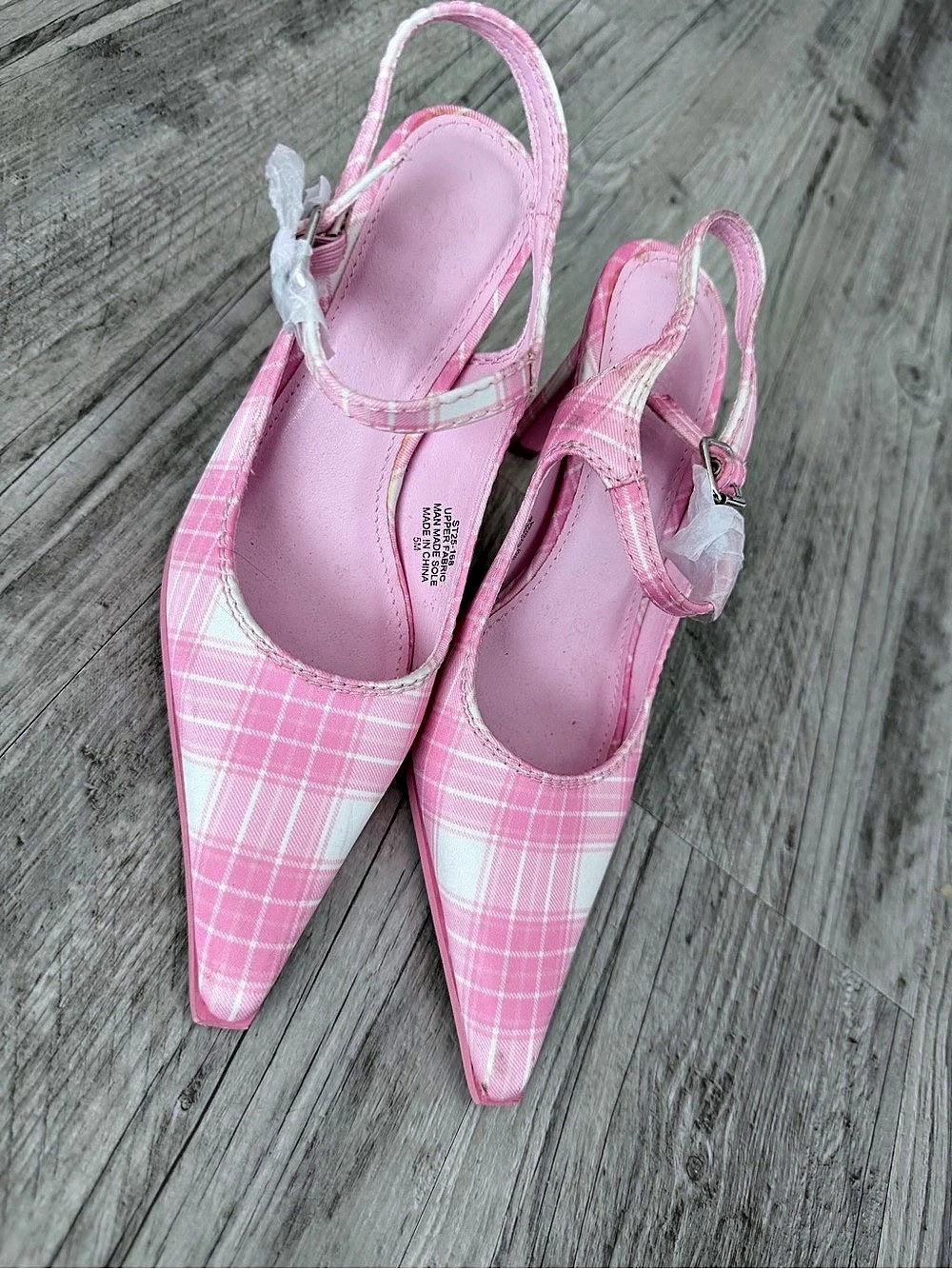 Pink & White Plaid Pointed-Toe Slingback Heels